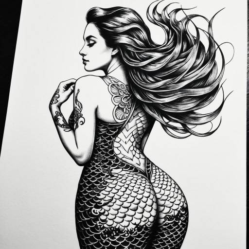 Intricate Black and White Mermaid Tattoo
