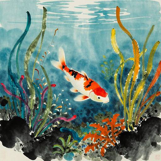 Vibrant watercolor painting of a red and white koi fish swimming among colorful seaweed and coral in a sunlit underwater scene.