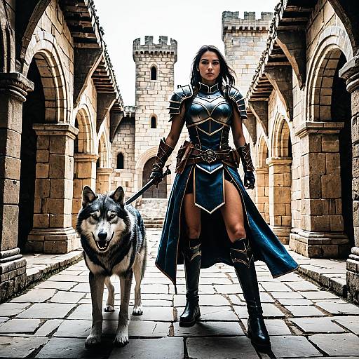 Paladin Warrior with Fierce Wolf in Castle Courtyard