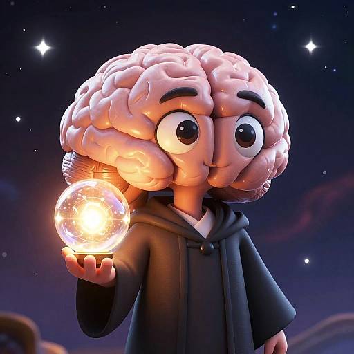 CGI image of a cartoon character with a human-like brain for a head, wearing a black hoodie, holding a glowing glass light bulb against a star