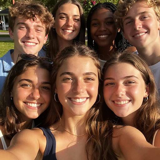 Group of Smiling Teenagers Taking Selfie Outdoors