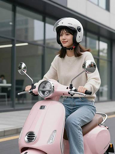 Young Woman Riding Pink Scooter