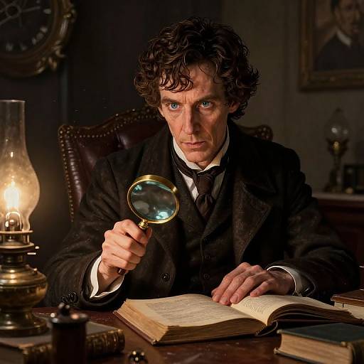 Photograph of a serious, curly-haired man in a Victorian suit, using a magnifying glass on an open book, illuminated by a glowing oil lamp