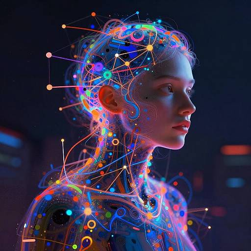 Digital artwork of a woman with a glowing, neon neural network overlay on her profile, set against a dark, futuristic background.