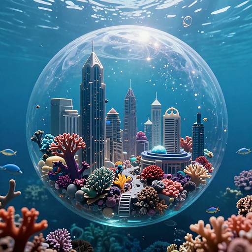 Digital art: Vibrant underwater cityscape in a clear bubble, with colorful coral reefs, diverse fish, and towering skyscrapers illuminated by sunlight from