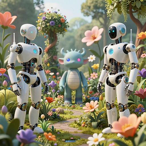 CGI image: Two white, glowing-eyed robots stand in a colorful, flower-filled garden, facing a small, blue, horned creature with a