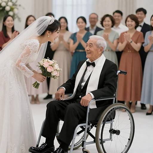 Bride and Elderly Man in Wheelchair at Wedding