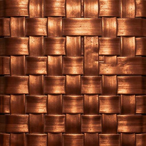 Close-up photograph of a woven, metallic, copper-colored texture with a shiny, reflective surface, showing intricate pattern and warm, glowing highlights.