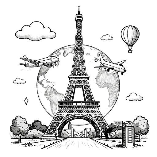 Black and white illustration of the Eiffel Tower centered behind a large globe, with planes flying around, a hot air balloon, clouds, and Paris