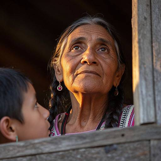 Photograph of an elderly Native American woman with deep wrinkles, dark hair, and pink earrings, gazing warmly at a child, both standing in a