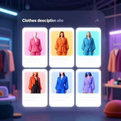 Digital image of a clothing display app interface showing six brightly-lit, color-coded outfits in pink, orange, blue, and purple backgrounds.