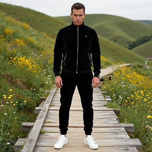 Photograph of a handsome man with short brown hair, wearing a black jacket, black pants, and white sneakers, standing on a wooden path through a