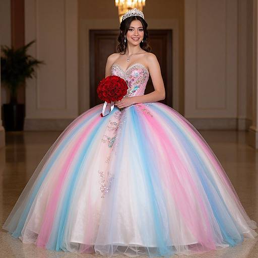 Photograph of a smiling Latina bride with dark hair, wearing a sparkling, strapless, rainbow-colored ball gown, tiara, and holding a red