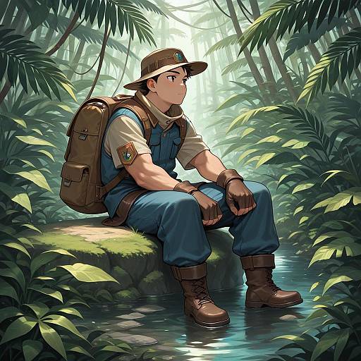 Jungle Explorer Boy Sitting in Nature
