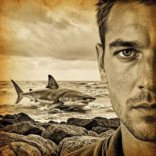 Sepia-toned photograph of a serious-looking man in the foreground, with a shark swimming in the rocky ocean background. Dramatic, cloudy sky.