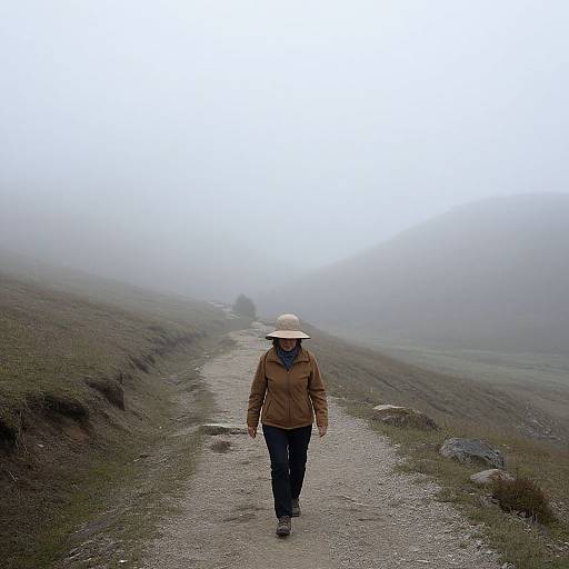Photograph of a solitary person in a beige jacket and wide-brimmed hat walking on a foggy, gravel path through misty, grassy