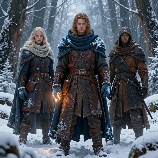 Photograph of three Viking warriors in snowy forest, wearing dark leather armor with fur trims, blue scarves, and holding glowing torches.