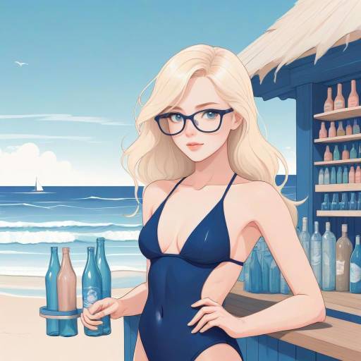 Blonde Woman in Blue Swimsuit at Beach Bar