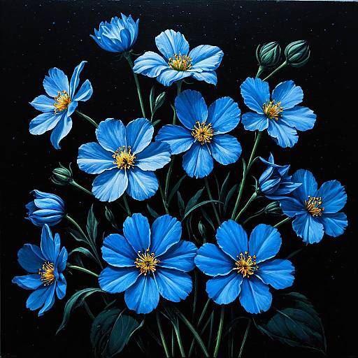 Realistic Azure Flowers on Black Canvas