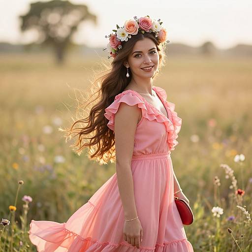 Photograph of a smiling young woman with long brown hair, wearing a pink floral crown, pink ruffled dress, and holding a red clutch, standing