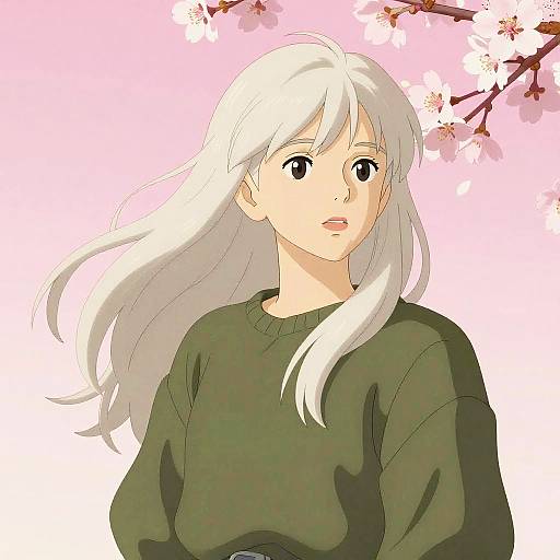 Anime Girl with Alabaster Hair Under Cherry Blossoms