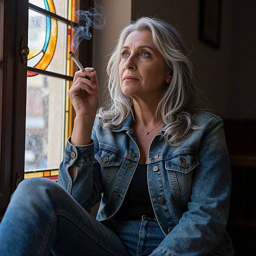 Photograph of a middle-aged woman with silver hair, wearing a denim jacket, smoking a cigarette, sitting by a colorful stained glass window.