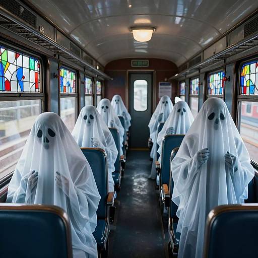 Photograph of a dimly lit train carriage with eight people dressed in white ghost costumes with black eyes, sitting in blue seats under colorful stained glass windows