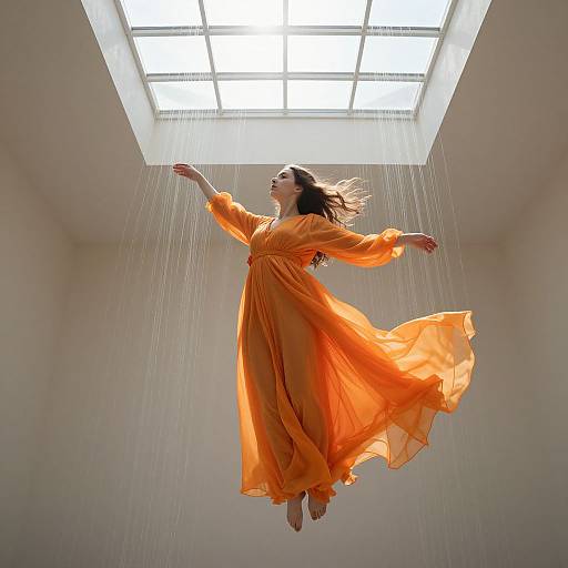 Photograph of a woman in a flowing orange dress, floating mid-air, arms outstretched, under a bright skylight with falling water dro