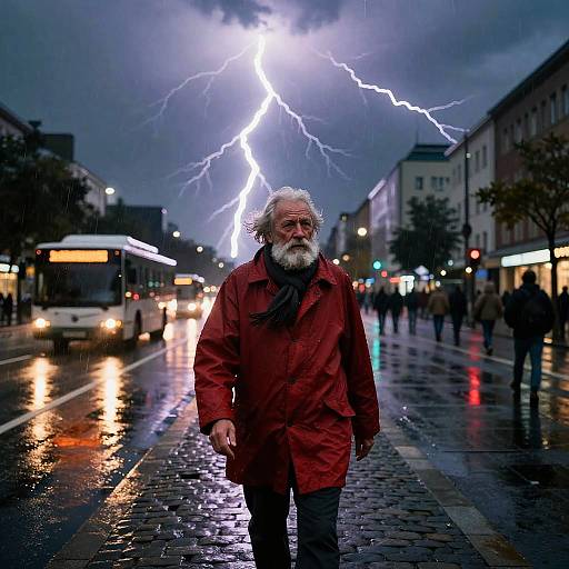 Photograph of an older bearded man in a red raincoat, standing on a wet, lightning-struck city street at night.