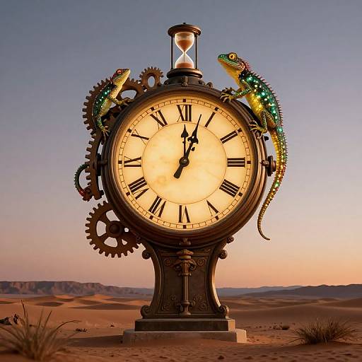 Photograph of a steampunk-style clock with glowing green chameleon-like lizards, Roman numerals, and gears, set in a desert landscape