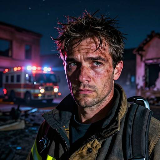 Photograph of a rugged, dirty-faced man with spiky hair, wearing a dark jacket and backpack, standing in a nighttime urban scene with a blurred