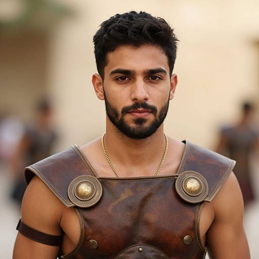 Photograph of a muscular, bearded man with dark hair, wearing a brown leather chest armor with metal buttons and a gold chain, standing in a
