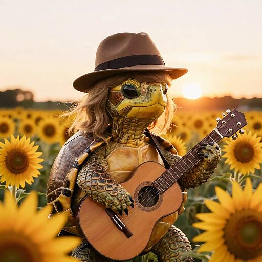Photograph of a reptilian creature with yellow scales, wearing a brown hat and playing an acoustic guitar in a sunlit sunflower field.