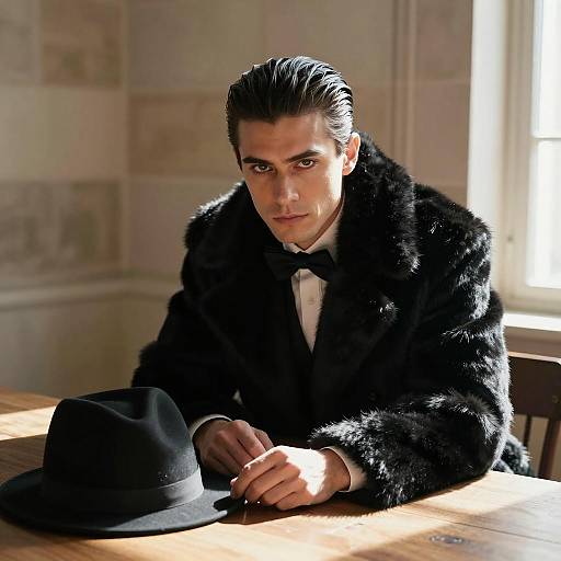 Man in Black Fur Coat and Bow Tie