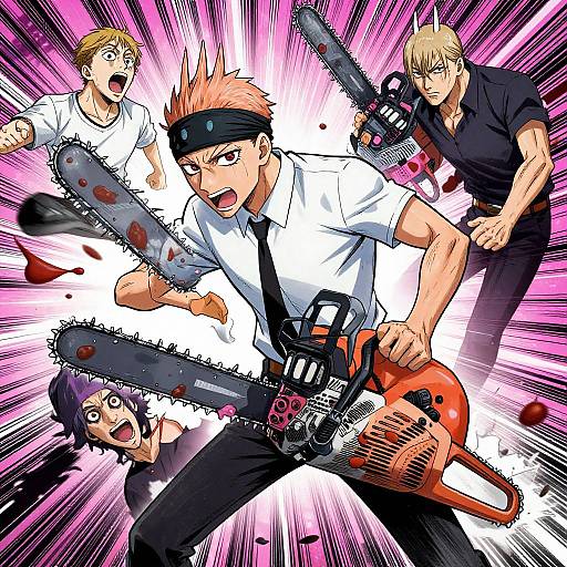 Anime-style digital artwork of four male characters wielding chainsaws and wielding anger, with vibrant pink and black speed lines background.