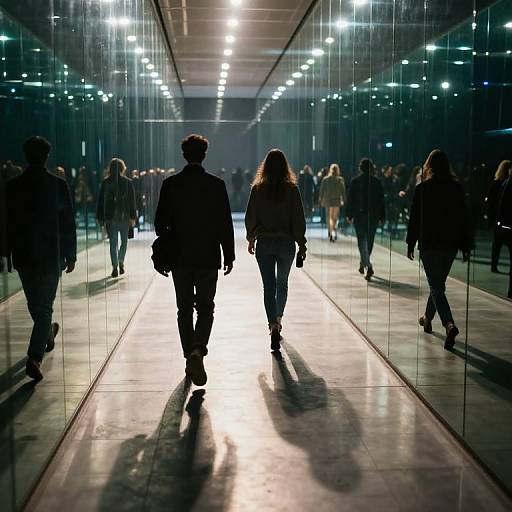 Photograph of a silhouetted couple walking down a brightly lit, reflective glass tunnel, surrounded by numerous other people.