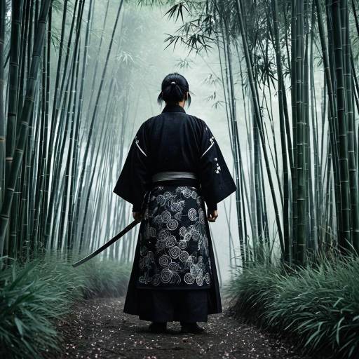 Stoic Samurai in Misty Bamboo Forest