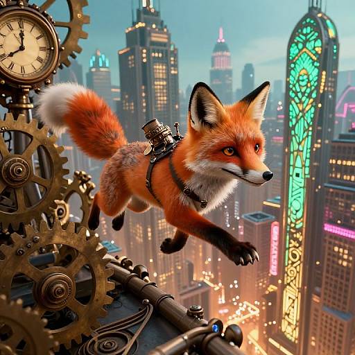 Digital artwork of a fox with gears and clockwork machinery, flying above a neon-lit, futuristic cityscape with skyscrapers.