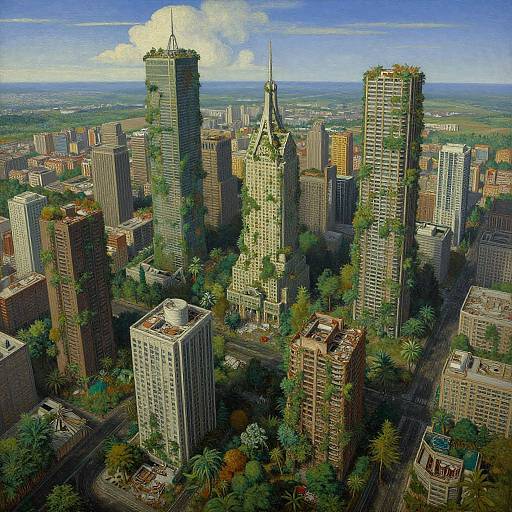 Digital illustration of a futuristic cityscape with tall, green-vegetated skyscrapers, palm trees, and a clear blue sky. Urban buildings densely