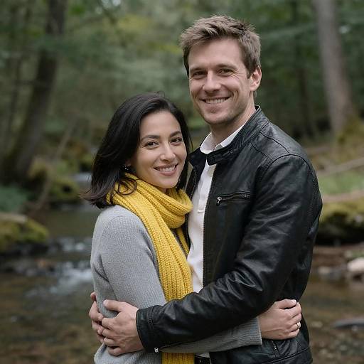 Smiling Couple Hugging in Forest