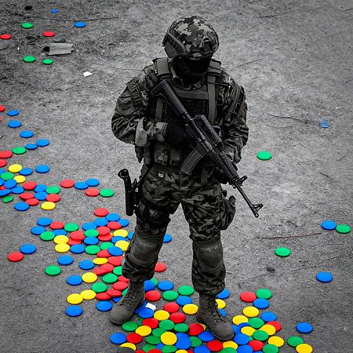 Photograph of a camouflaged soldier standing on a gray concrete ground, holding a rifle, surrounded by colorful, scattered round disks.