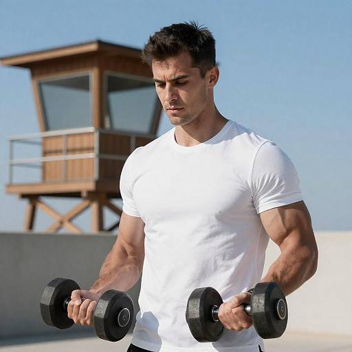 Muscular Man Lifting Dumbbells by Lifeguard Tower