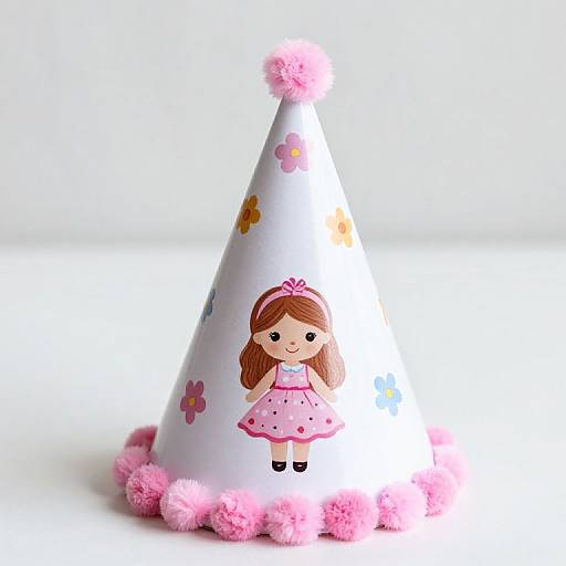 Photograph of a white, cone-shaped party hat adorned with pink pom-poms, colorful flowers, and a cute, cartoon-styled girl with brown