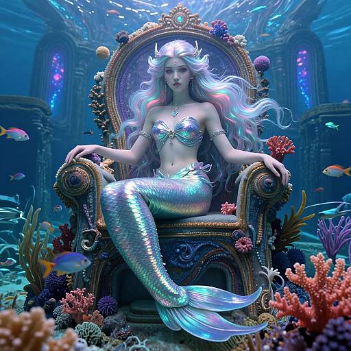 Digital artwork of a mermaid with silver scales, long white hair, and a shimmering top, seated on an ornate throne, surrounded by colorful
