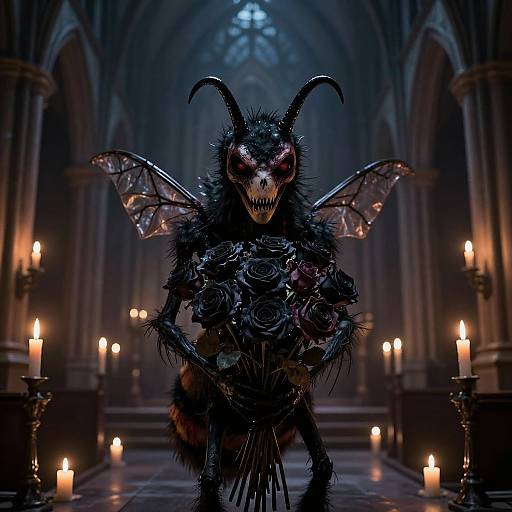 Digital art of a menacing, horned, insect-like creature with sharp teeth, wings, and floral armor in a dimly lit, gothic cathedral