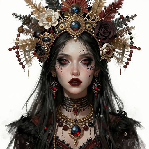 Digital art of a pale, gothic woman with black hair, red eyes, dark lipstick, wearing elaborate, ornate jewelry and feathered crown.