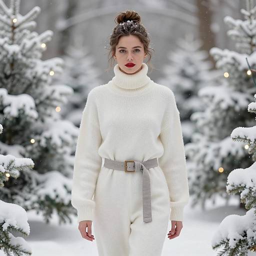 Woman in White Turtleneck Romper in Snowy Christmas Forest