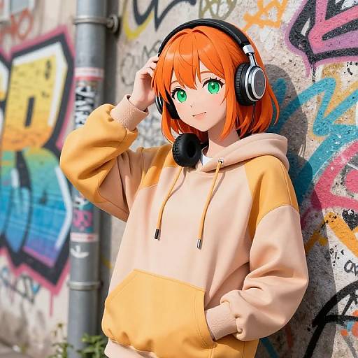Digital anime-style drawing of a cute girl with bright orange hair, green eyes, wearing a yellow hoodie, black headphones, leaning against a graffiti-covered wall