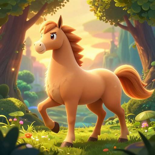 CGI image of a cute, tan-colored, cartoon-style horse with a red mane and tail, standing in a sunlit, vibrant forest clearing,