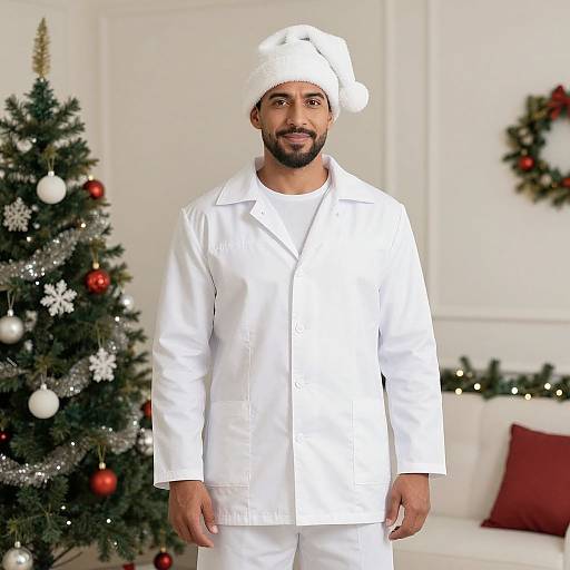 Photograph of a bearded man in a white chef hat and uniform, standing in a festive living room with decorated Christmas tree and white walls.